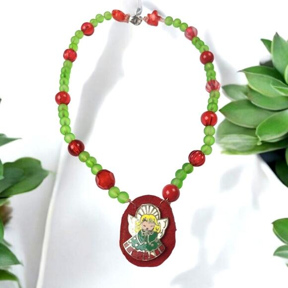 Enamel Angel Pendant Frosted Glass Acrylic Bead Necklace - Picture 1 of 2